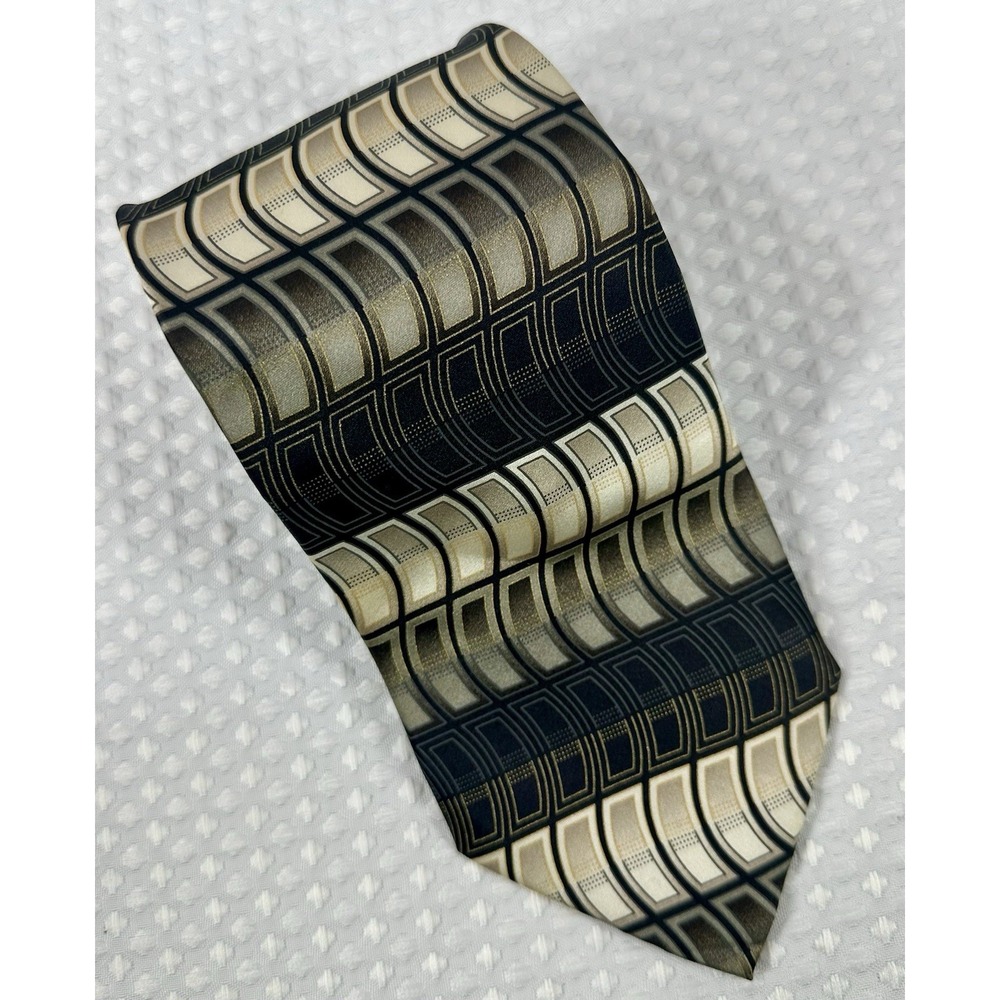 Giorgio Brutini Collezione Silk Tie Geometric Pattern Black Gold Tan 4" W